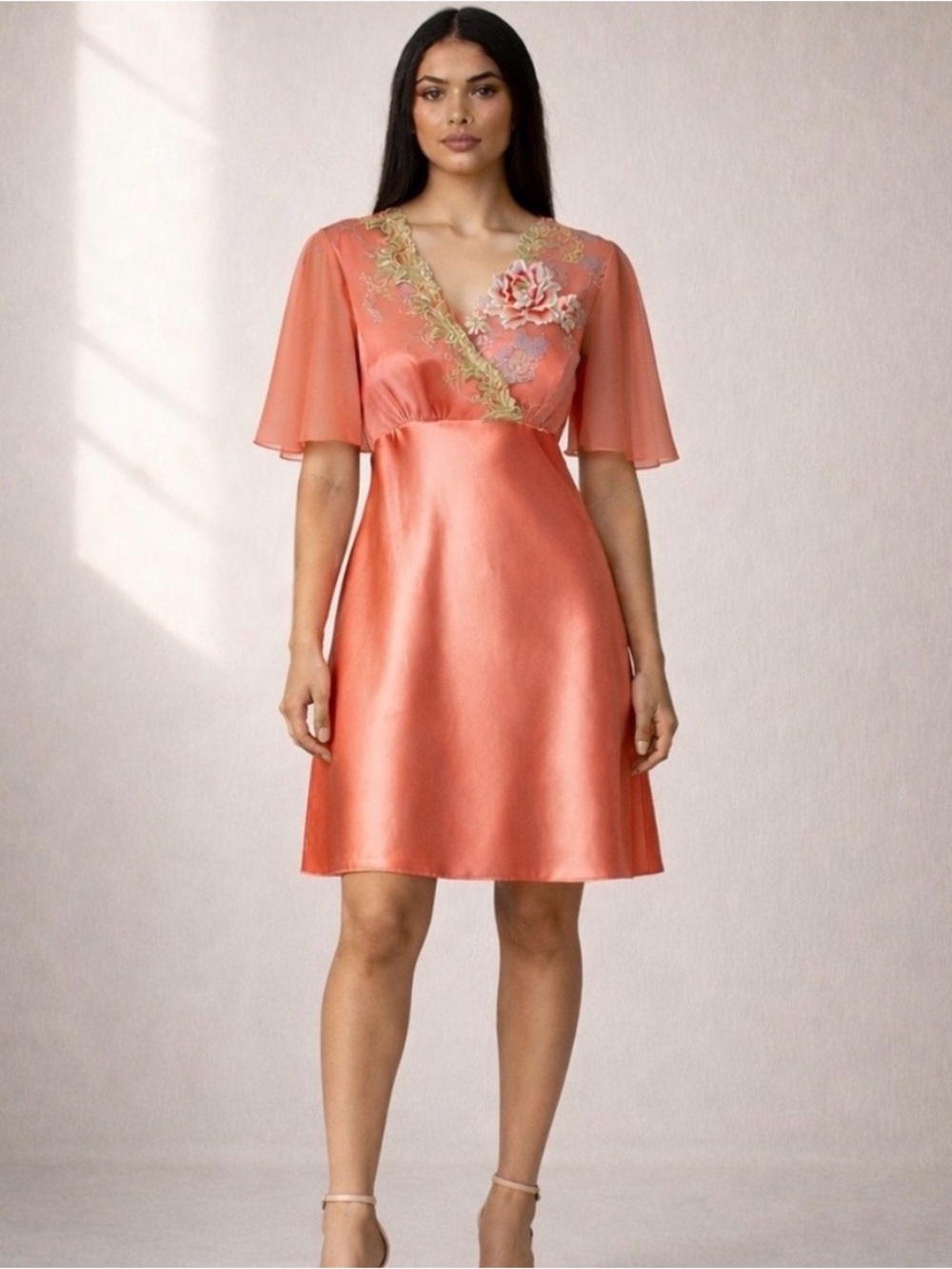 Satin Coral V-Neck Midi Dress with Floral Appliqué